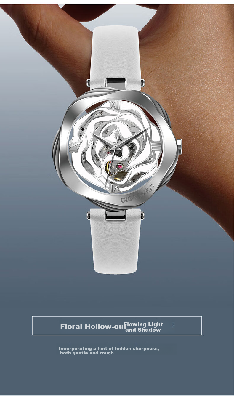 Женские часы CIGA Design R Series Danish Rose, механические, автоматические, с сапфировым стеклом, водонепроницаемые (3 АТМ), серебристый циферблат, квадратный корпус, кожаный ремешок, женские