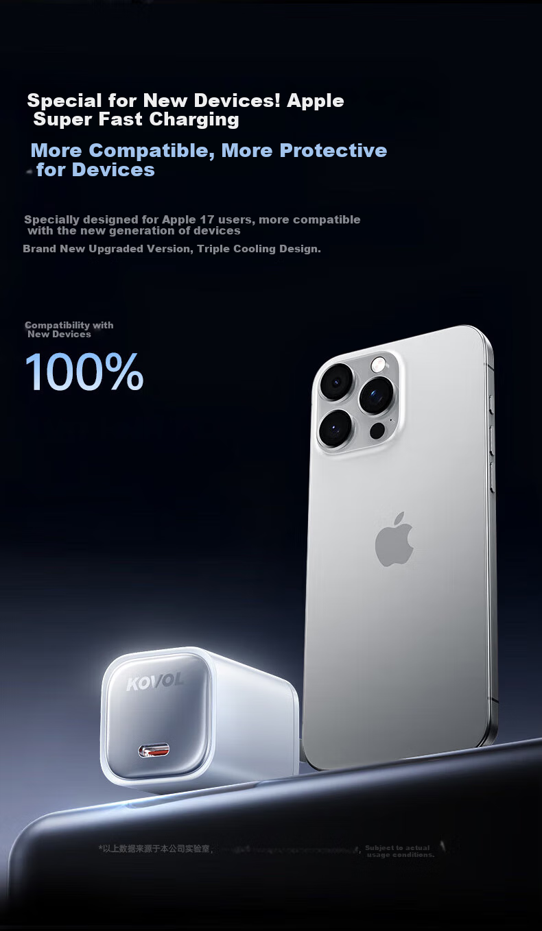 Зарядная головка KOVOL, 45W, Type-C, GaN, быстрая зарядка для iPhone 17/16/15 Pro Max