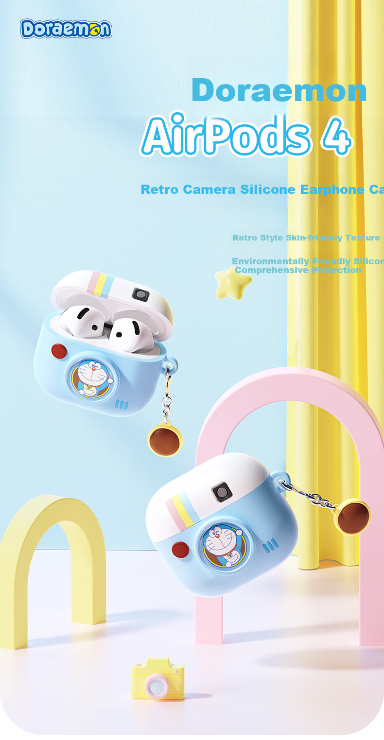 Чехол для наушников ROCK Doraemon для Apple AirPods 4, силиконовый, защитный, противоударный, с принтом "Ретро камера"