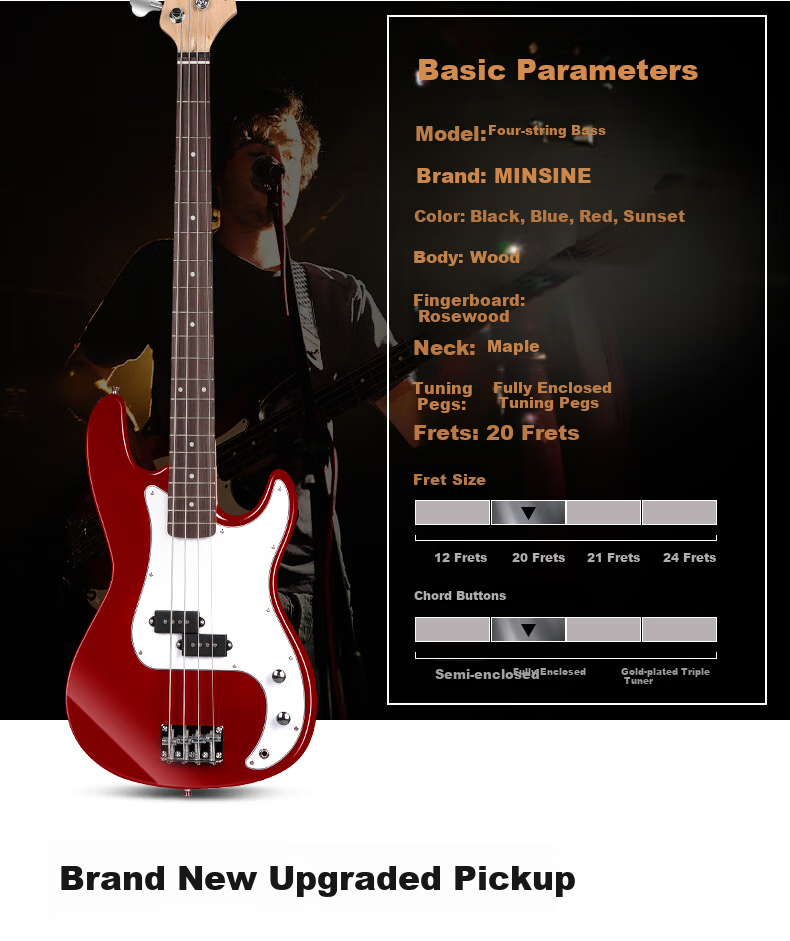 Бас-гитара Minsine FD/Jiaju Red Classic, 39 дюймов, для начинающих, 4 струны, с полным набором аксессуаров