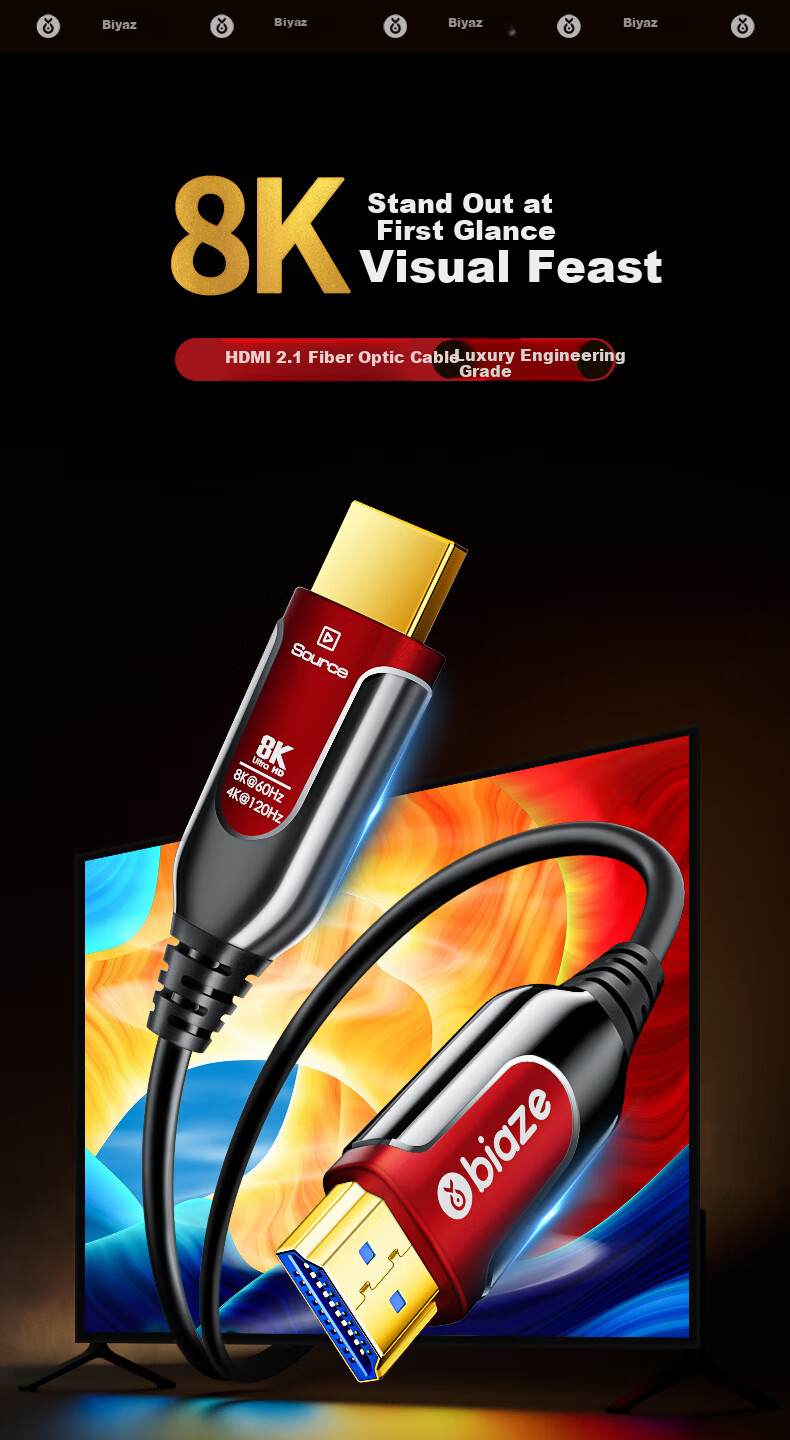 BIAZE Fiber Optic HDMI Cable Version 2.1, 30 Meters, 8K60Hz, High-End Video Cable for Computer, TV, Home Theater, 3D Projector, Monitor Connection Cable