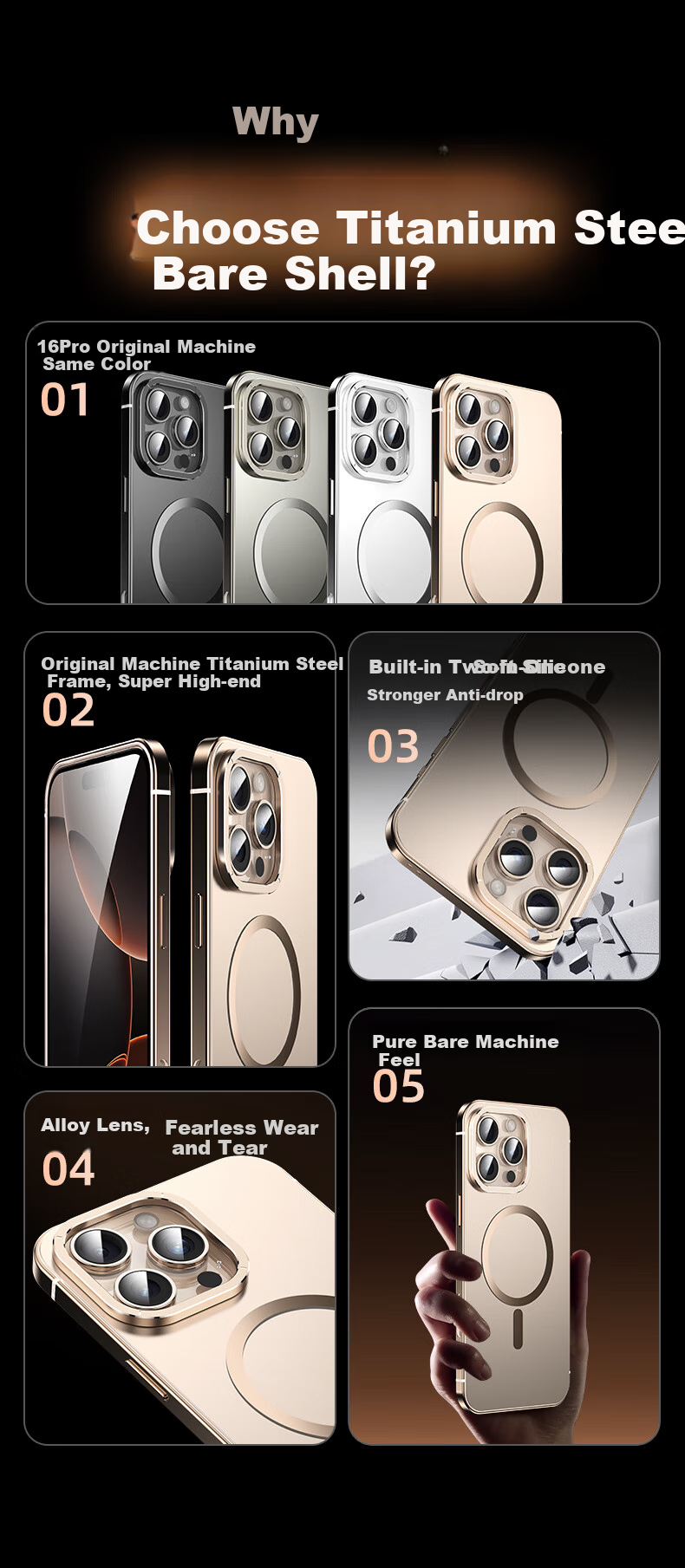 Чехол для iPhone 16 Pro Max IM-CHEN, противоударный, с магнитным кольцом и подставкой, ультратонкий, металлический, матовый, Титановый