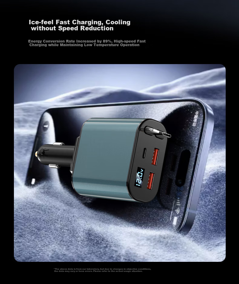 Автомобильное зарядное устройство Stiger 70W с двумя выдвижными кабелями Type-C и Lightning, адаптер в прикуриватель для быстрой зарядки Huawei, Xiaomi, Apple, Android