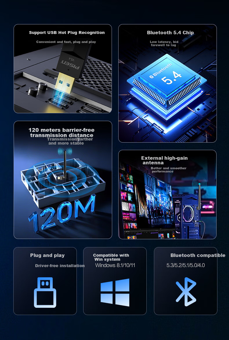 USB Bluetooth адаптер Pisen 5.4 с антенной, аудиоприемник для ПК, модуль для клавиатуры, мыши, наушников, колонок, 120м