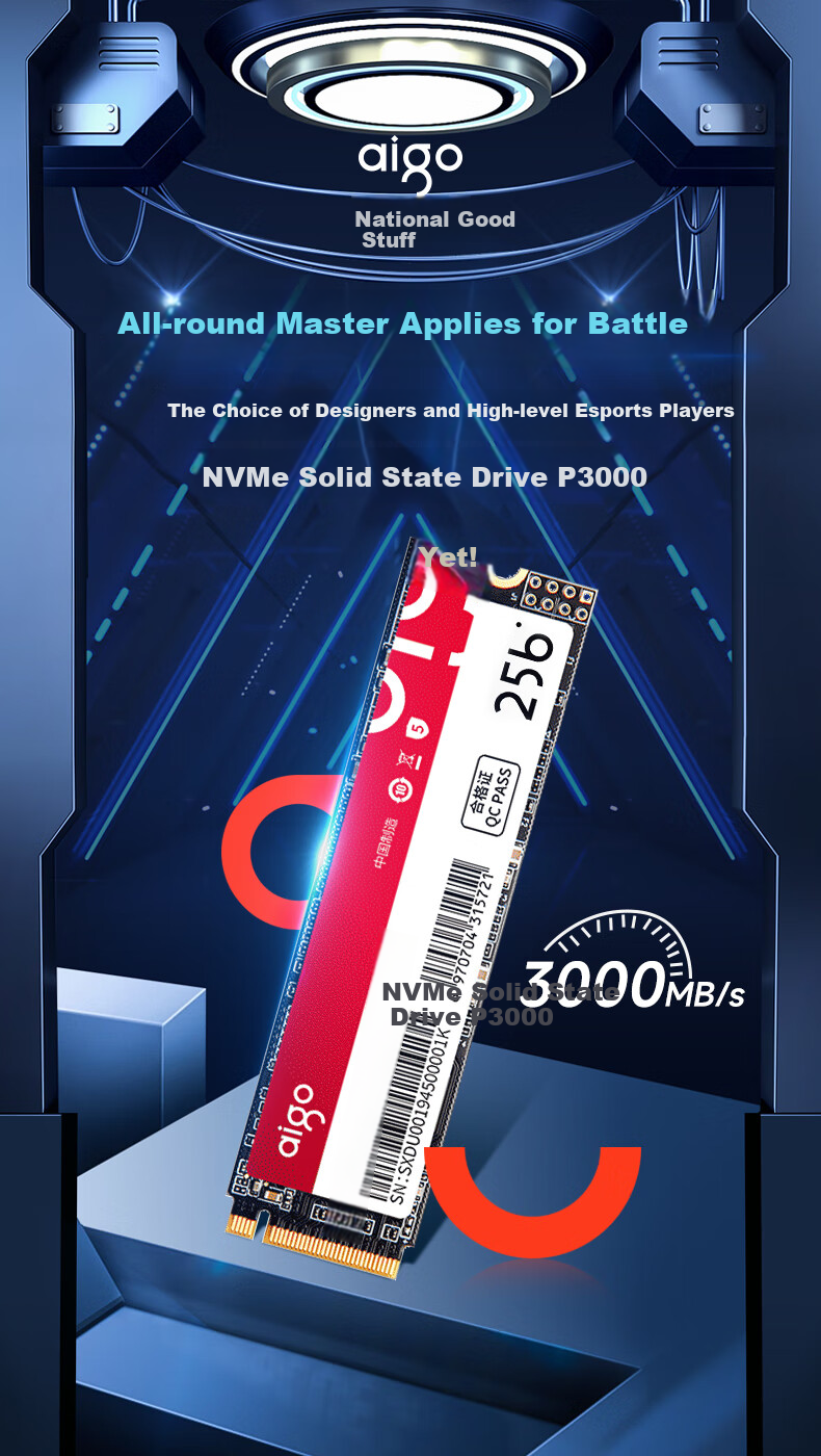SSD накопитель Aigo P3000, 256 ГБ, M.2, NVMe, PCIe 3.0, скорость чтения 3000 МБ/с