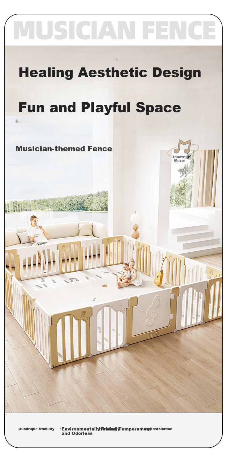 Игровой манеж BG-BABYGO Musician Game Fence, детский игровой барьер для ползания, интегрированный защитный барьер для младенцев, детский игровой манеж для дома, 200*180 см, желто-белый
