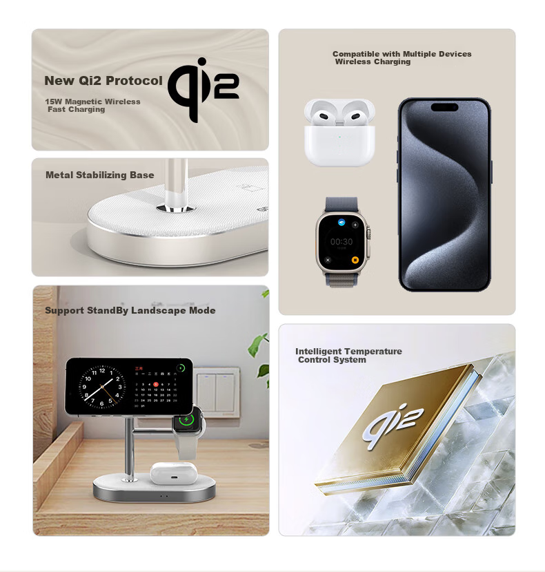 Беспроводное зарядное устройство GDGO [Qi2 Certified] 3-в-1, 15 Вт, MagSafe, для Apple Watch Series 1-10, iPhone 17/16, AirPods