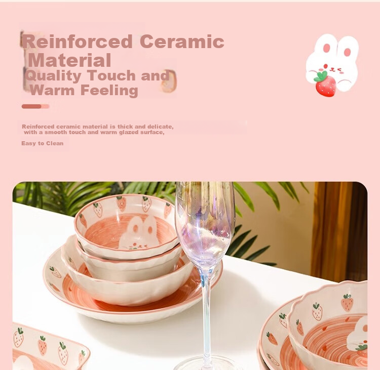 Набор керамической посуды CERAMICS "Клубничный кролик", набор для обеда из 6 предметов на двоих, милый домашний обеденный набор