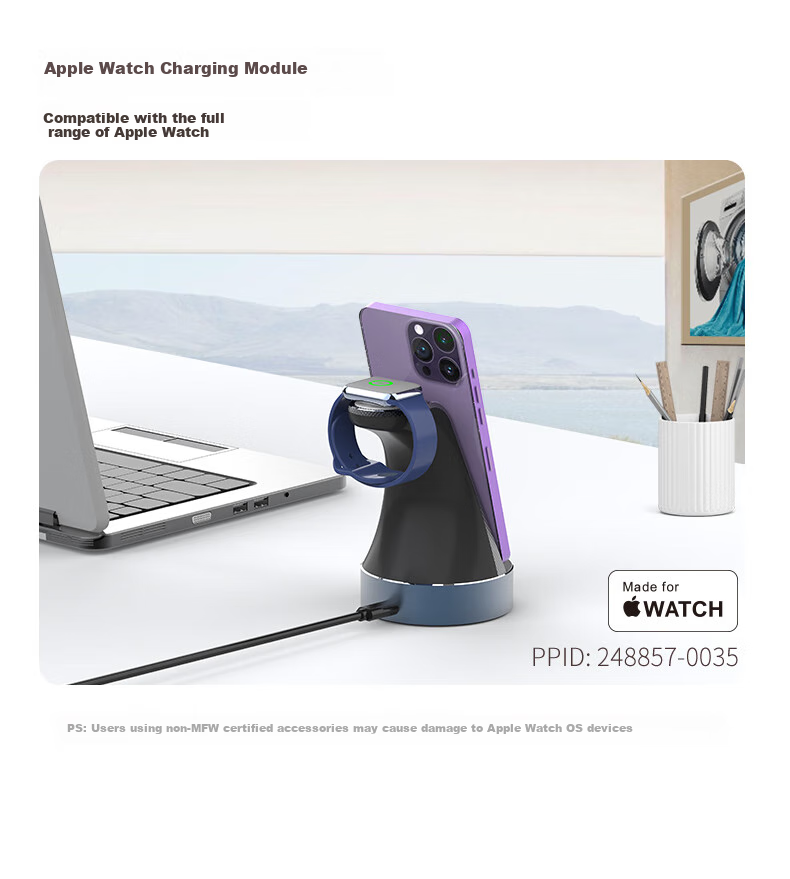 GDGO Беспроводное зарядное устройство 2-в-1 с сертификацией Apple MFi, быстрая зарядка для iPhone 17/16/15, Apple Watch S11/10/9, сертификация QI