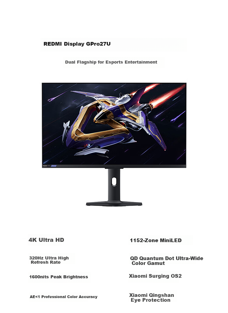 Игровой монитор MI REDMI G Pro 27U, 27 дюймов, 4K (3840x2160), 160 Гц, Mini-LED, Dolby Vision, HDR1000, PengpaiOS2, 1K 320 Гц