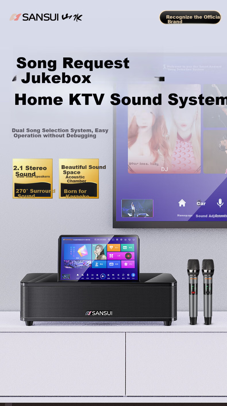 SANSUI 96H Умная домашняя караоке-система, портативная колонка с Bluetooth, Wi-Fi, HDMI, USB, оптическим и AUX входами, 14.1-дюймовый сенсорный экран, 500 ГБ памяти, 2 микрофона