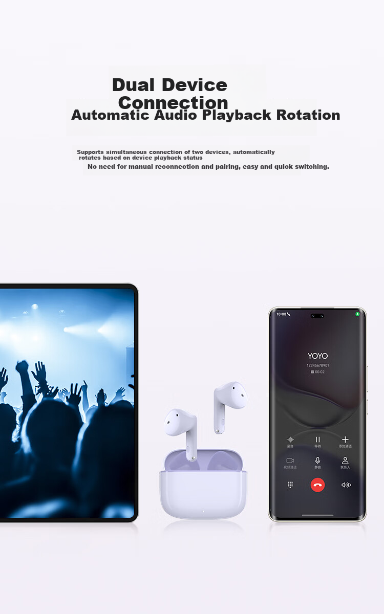 Беспроводные наушники Rongyaoqinxuan GEG X7e Youth Edition, Bluetooth-гарнитура с двойным подключением устройств, шумоподавлением и долгим временем работы, фиолетовые