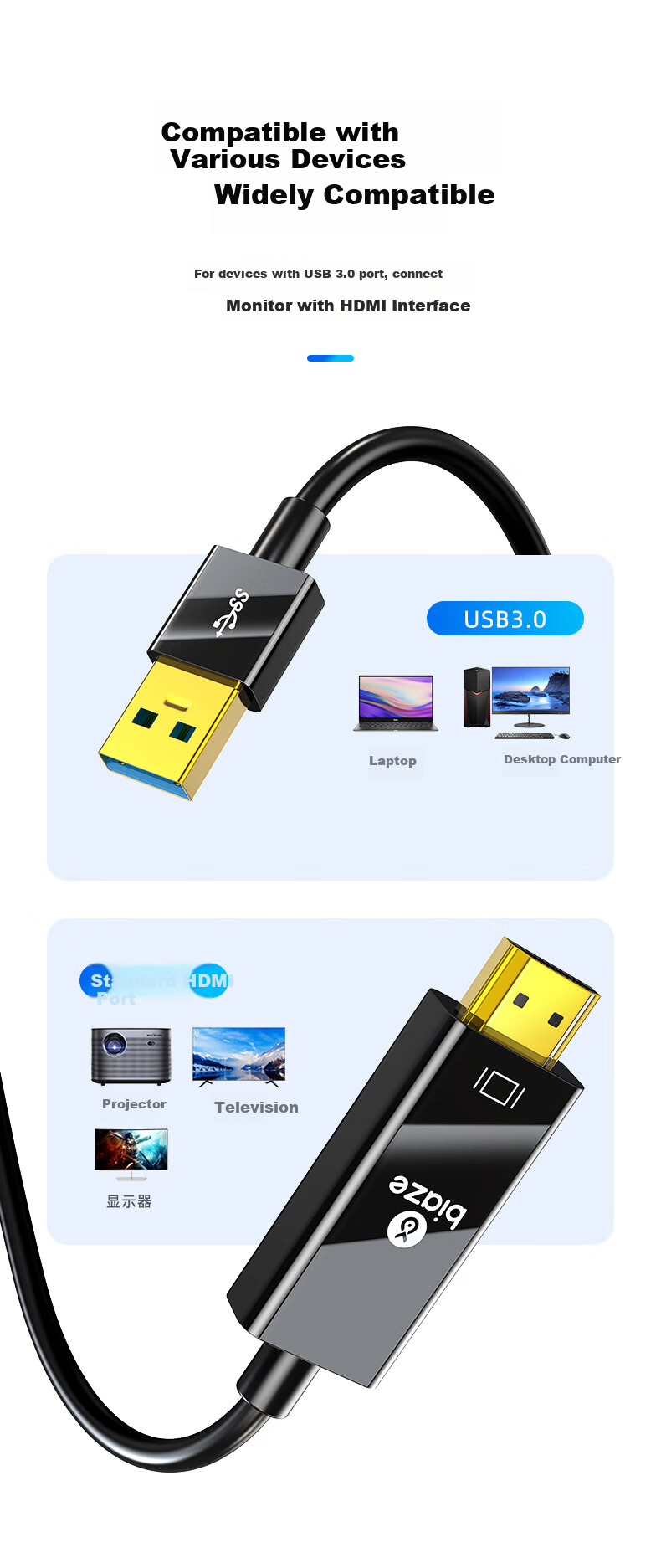 Кабель BIAZE USB 3.0 на HDMI, внешний видеоадаптер для ноутбука, компьютера, телевизора, проектора, 1 метр