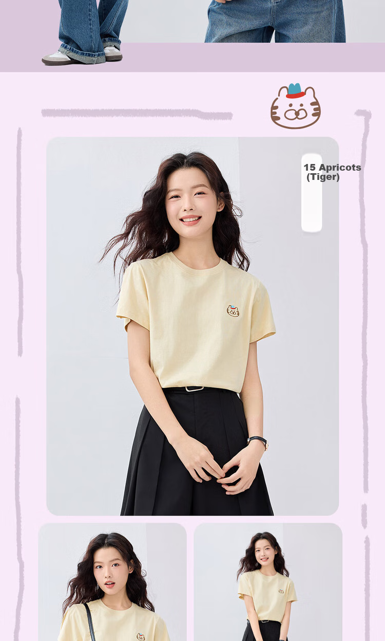Женская футболка Giordano с коротким рукавом, летняя, 100% хлопок, с вышивкой милого животного, круглый вырез, модель 13325324