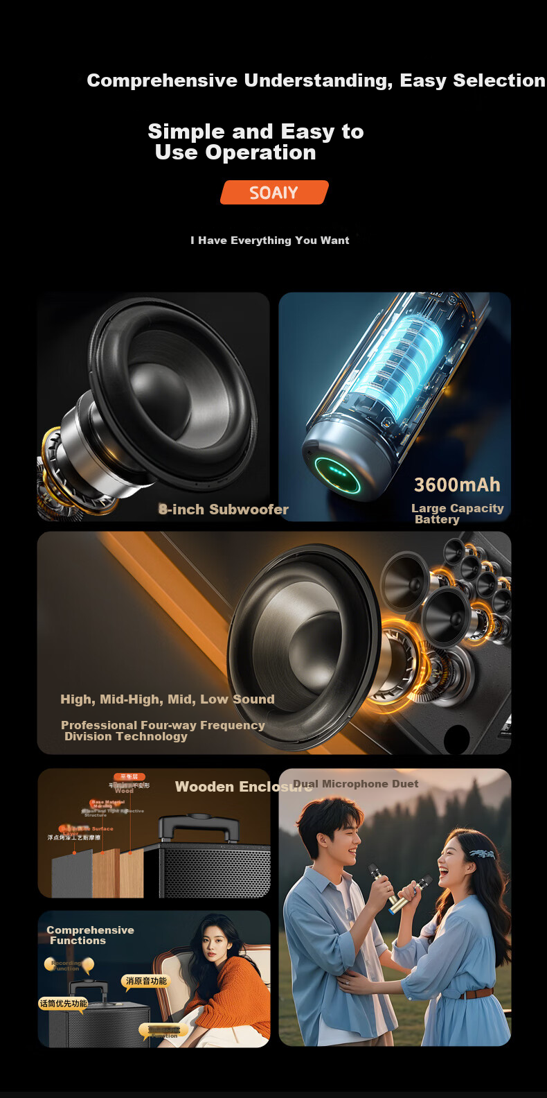 Портативная акустика Soaiy SA-X21L, 8-дюймовая квадратная танцевальная колонка, деревянный сабвуфер большой мощности, Bluetooth караоке, большой громкости, 7-тональная портативная колонка на колесиках с двумя микрофонами для выступлений