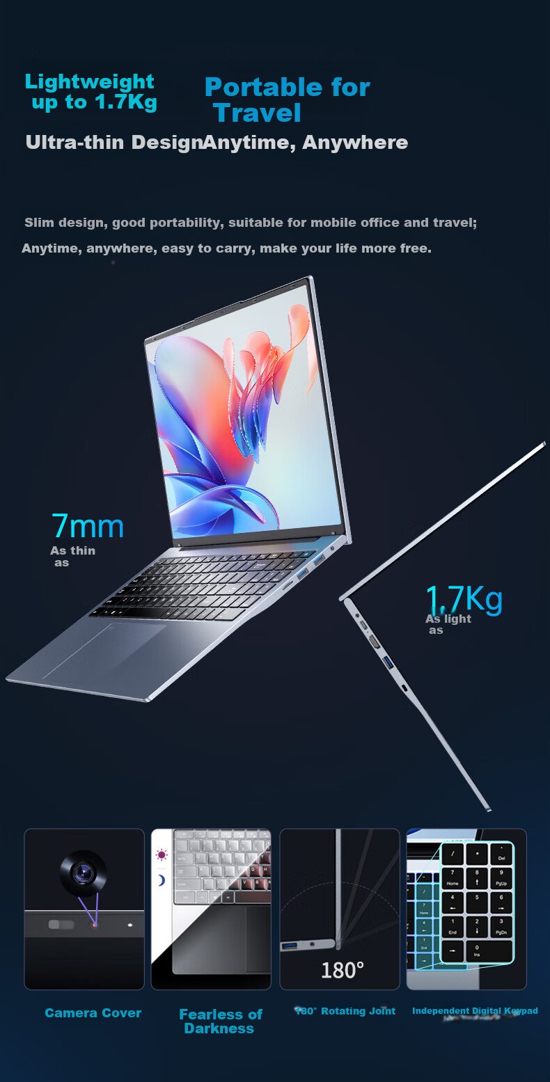 Ноутбук Dere Zhiqing Series Core Ultra7 155H, 16-дюймовый, 16 ГБ ОЗУ, 512 ГБ SSD, тонкий и легкий, для бизнеса и игр, Space Gray