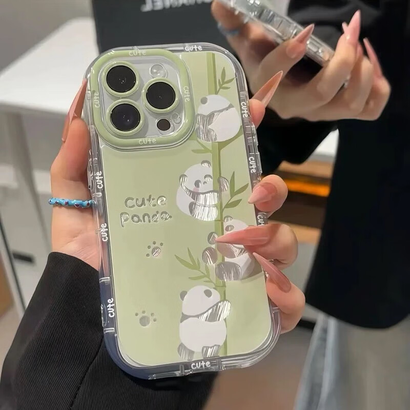Чехол для iPhone 17 Jiangming, защитный чехол с подушками безопасности, защита от падений и царапин, модный мультяшный дизайн с принтом "Панда" и шнурком, зеленый