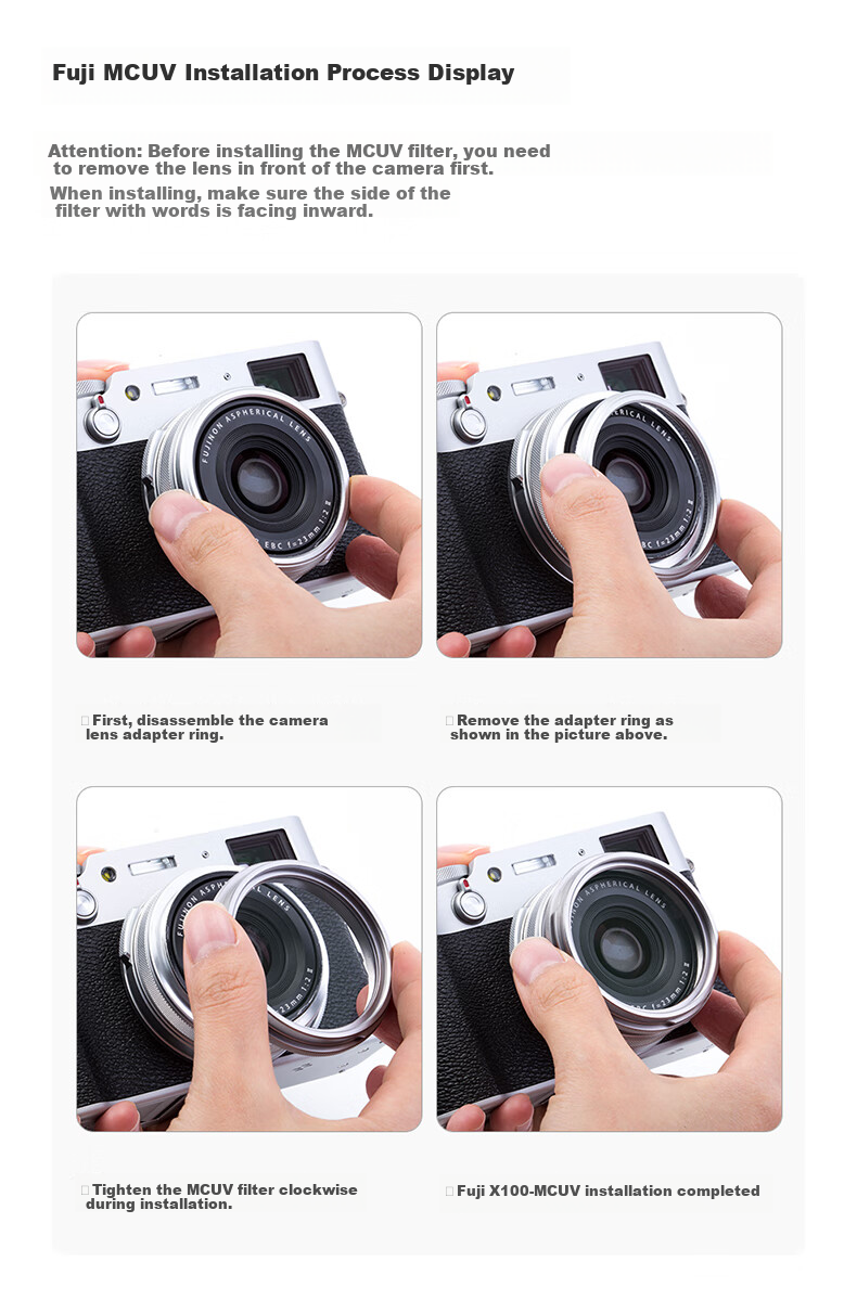 Защитный MCUV фильтр Kase для камер Fujifilm X100VI/X100V/X100F/X100T/X1, серебристая оправа, многослойное покрытие