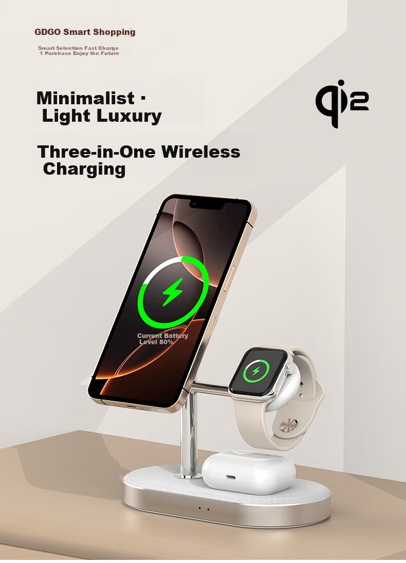 Беспроводное зарядное устройство GDGO [Qi2 Certified] 3-в-1, 15 Вт, MagSafe, для Apple Watch Series 1-10, iPhone 17/16, AirPods