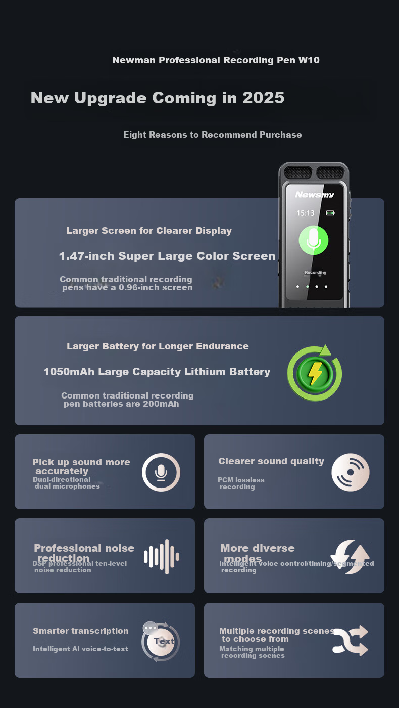 Диктофон Newsmy W10, 32GB, черный, запись звука, шумоподавление, активация по голосу