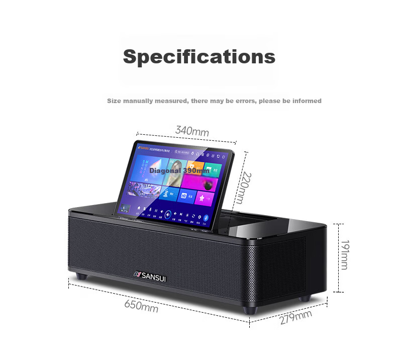 SANSUI 96H Умная домашняя караоке-система, портативная колонка с Bluetooth, Wi-Fi, HDMI, USB, оптическим и AUX входами, 14.1-дюймовый сенсорный экран, 500 ГБ памяти, 2 микрофона