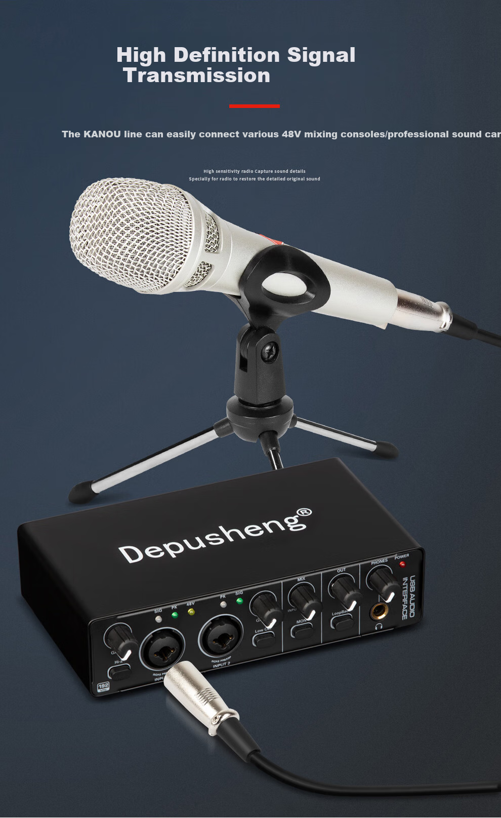 Профессиональный конденсаторный микрофон Depusheng V300 для записи, стриминга, караоке, студийной записи, с кардиоидной направленностью, металлический корпус, черный