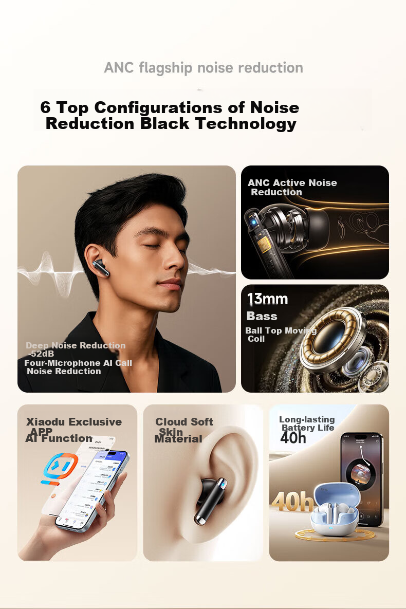 Беспроводные наушники Xiaodu T200 с активным шумоподавлением, Bluetooth 5.4, Hi-res audio, IPX5, черный