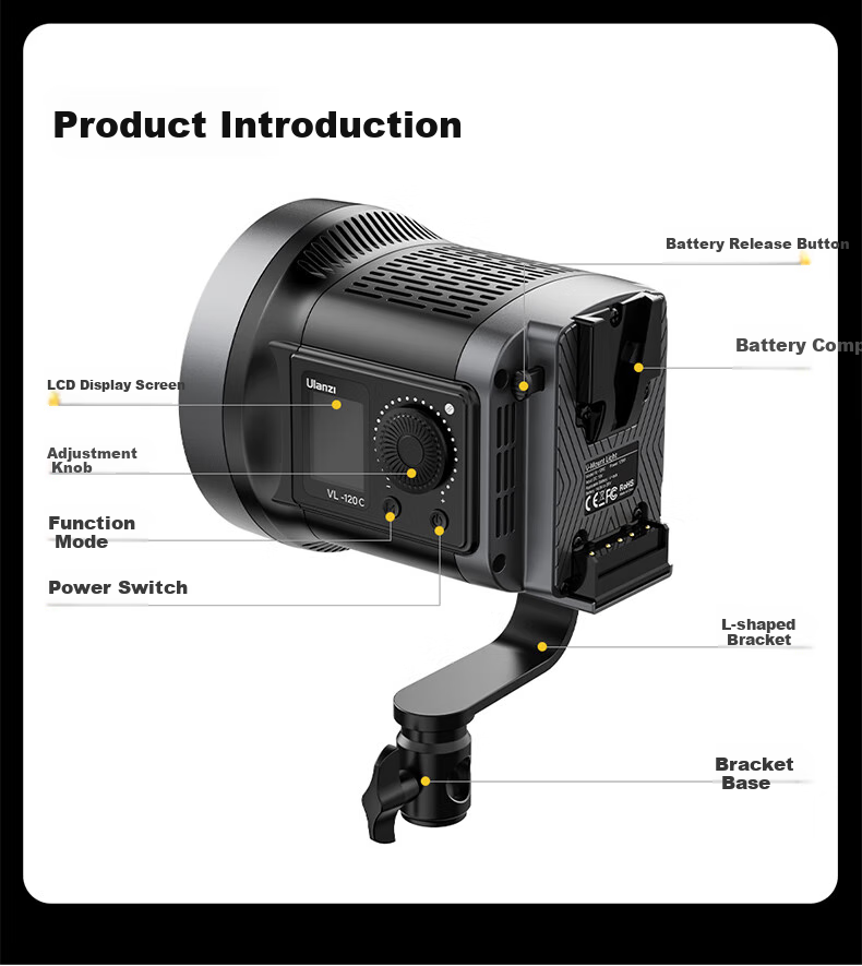 Ulanzi VL120Bi 120W Двухцветная заполняющая лампа с V-креплением, непрерывный видеосвет, COB-свет, фотографический свет, мягкий свет для прямой трансляции