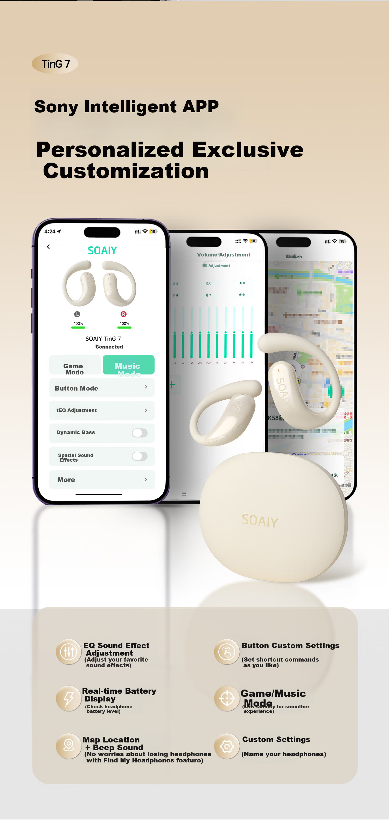 Беспроводные наушники Soaiy Ting 7 с открытым ухом, Bluetooth 6.0, True Wireless, шумоподавление, длительное время работы, черный