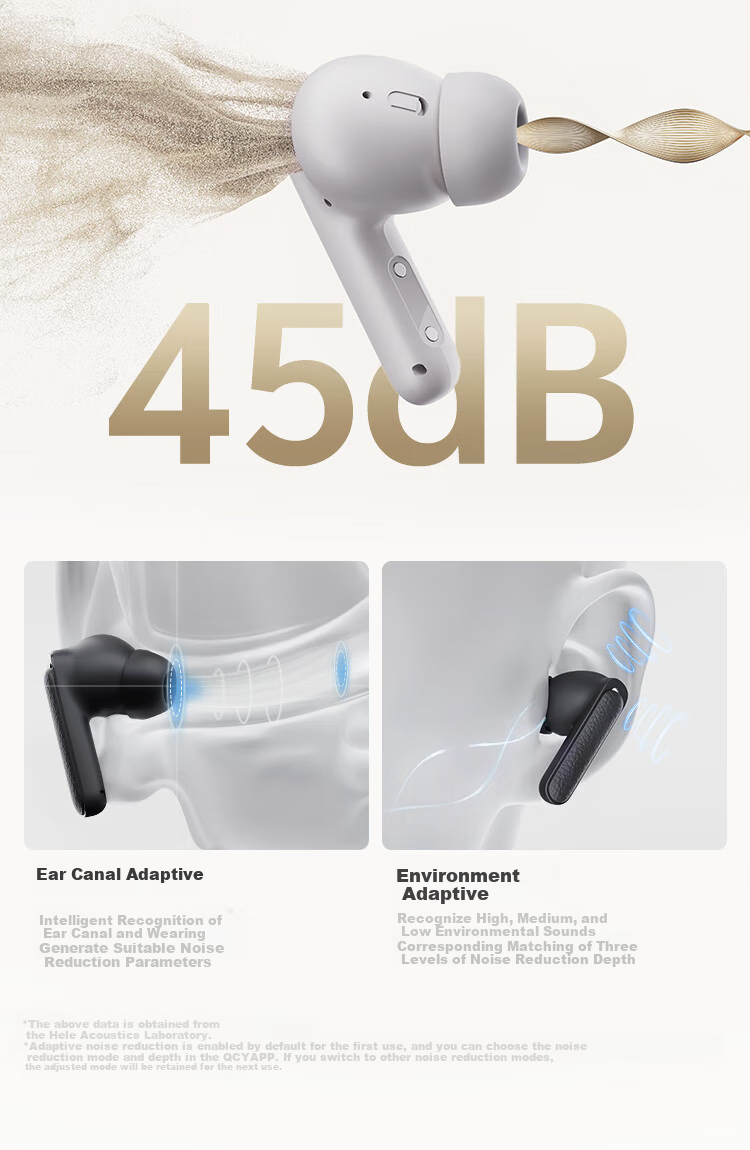 Беспроводные наушники QCY Buds ANC с активным шумоподавлением, True Wireless Bluetooth, 45 дБ, защита от шума при звонках, низкая задержка для игр, спортивные, совместимы со всеми смартфонами, цвет "Каменный Серый"
