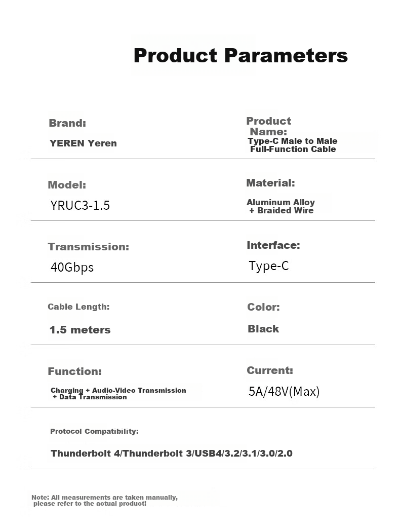 Кабель Yeren USB4 40Gbps Type-C, 8K Thunderbolt 4, PD 240W, 1.5 м