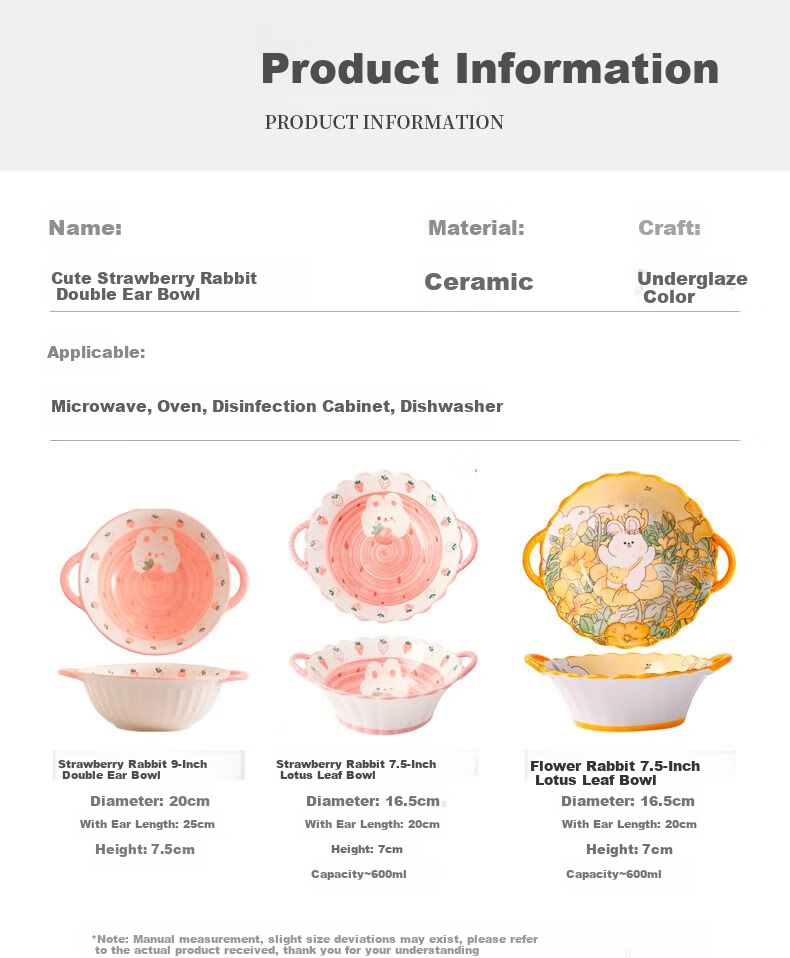 Керамическая суповая тарелка с двумя ручками и ложкой CERAMICS, мультяшная, для дома, для лапши, клубничный кролик, 9.5 дюйма