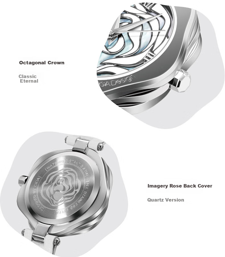Женские часы CIGA Design R Series Danish Rose, механические, автоматические, с сапфировым стеклом, водонепроницаемые (3 АТМ), серебристый циферблат, квадратный корпус, кожаный ремешок, женские