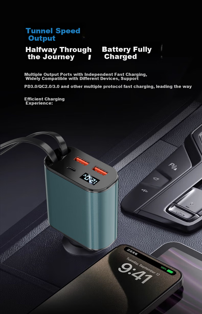 Автомобильное зарядное устройство Stiger 70W с двумя выдвижными кабелями Type-C и Lightning, адаптер в прикуриватель для быстрой зарядки Huawei, Xiaomi, Apple, Android