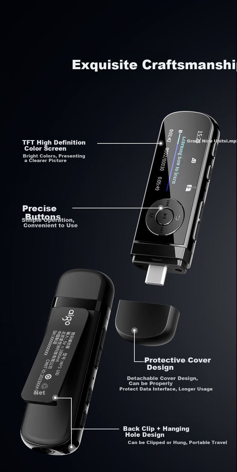 Портативный MP3-плеер Aigo MP3-100, 128 ГБ, Bluetooth, для студентов, для обучения английскому языку, для спорта, с функцией записи, в стиле USB-флешки с портом USB-C
