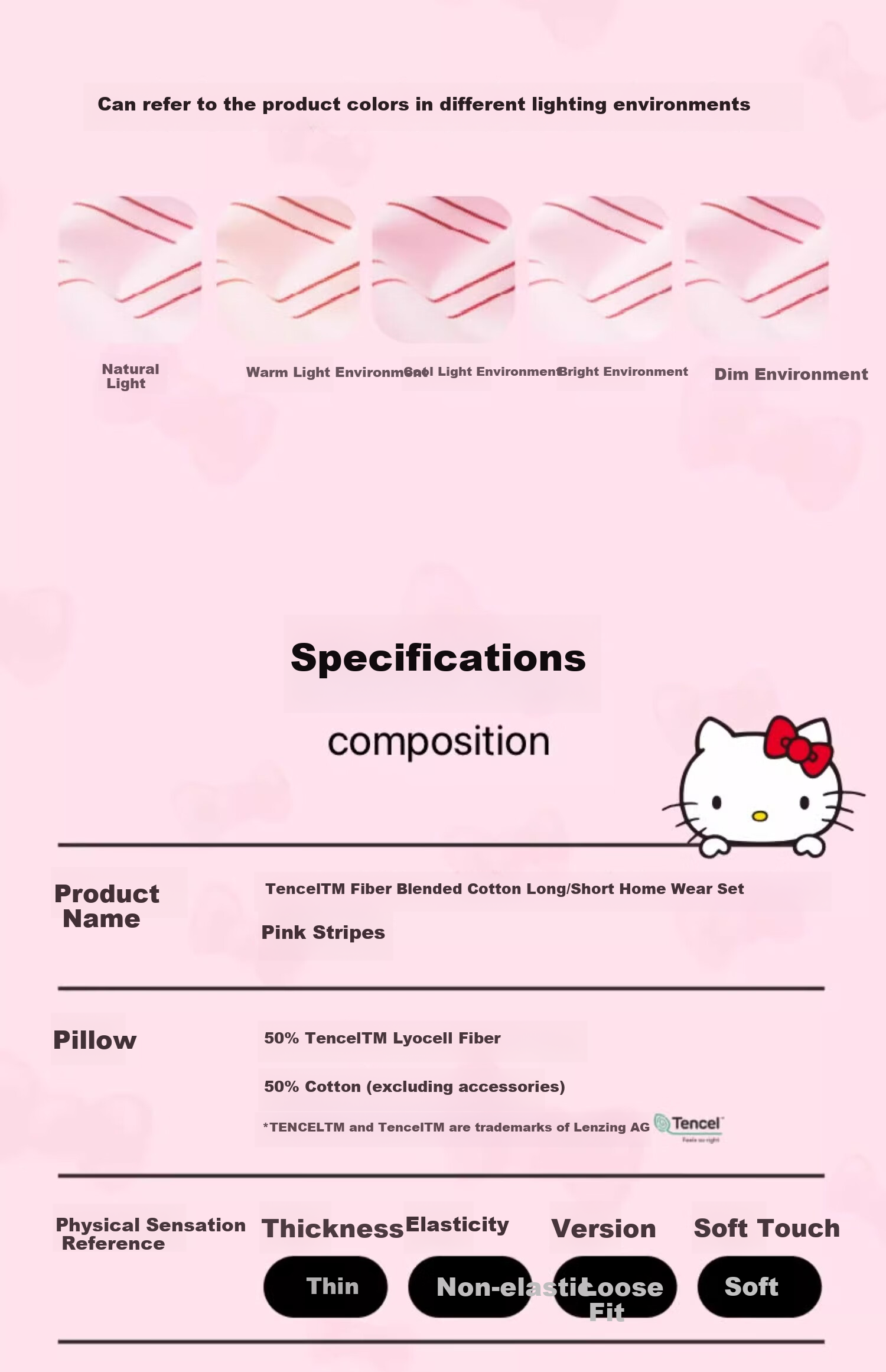 Пижама Sanrio Hello Kitty Tencel Cotton, женская, с длинными рукавами и брюками, розовые полоски, размер M