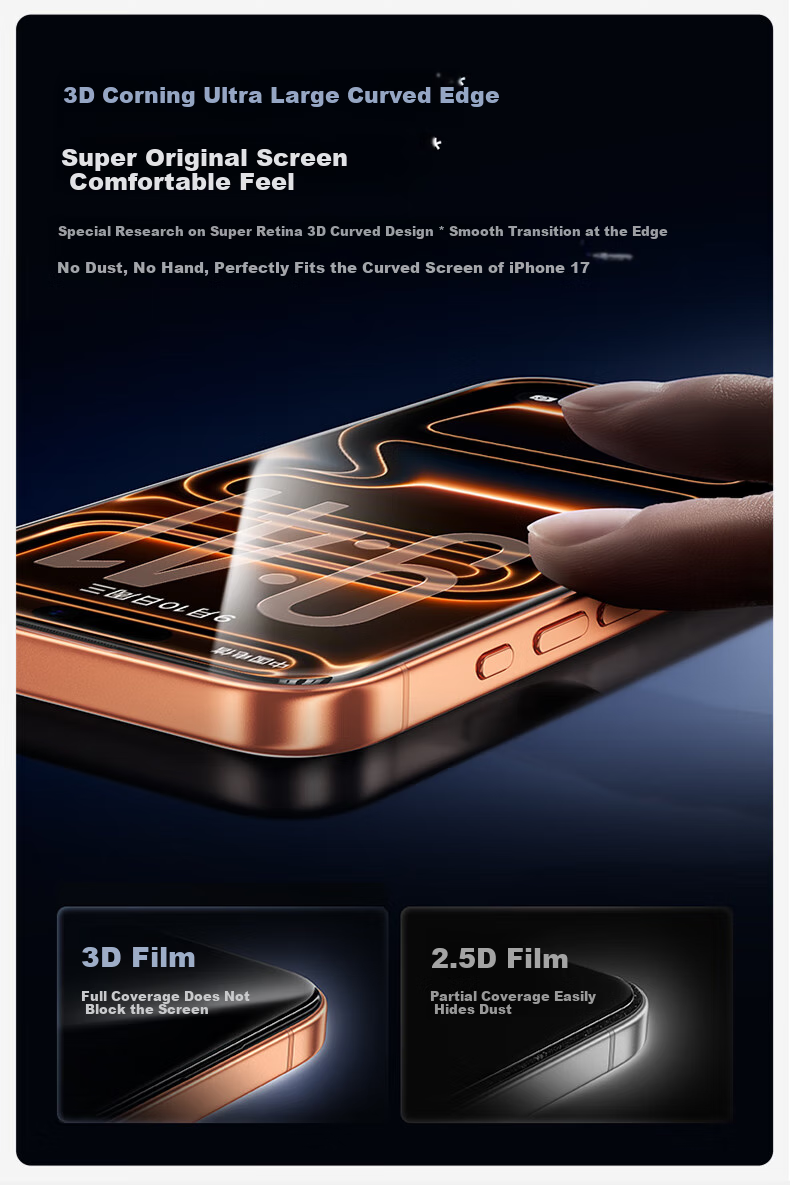 Защитное стекло SmartDevil для iPhone 17 Pro Max, 3D горячее изгибание, Corning Glass, ультратонкое 0.18 мм, противоударное, пыленепроницаемое, антибликовое