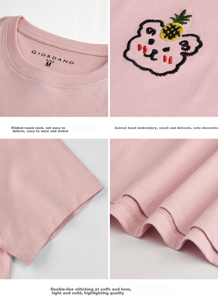 Женская футболка Giordano с коротким рукавом, летняя, 100% хлопок, с вышивкой милого животного, круглый вырез, модель 13325324