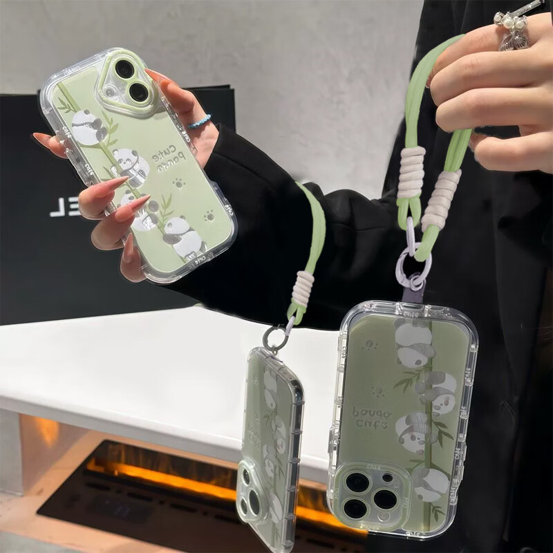 Чехол для iPhone 17 Jiangming, защитный чехол с подушками безопасности, защита от падений и царапин, модный мультяшный дизайн с принтом "Панда" и шнурком, зеленый