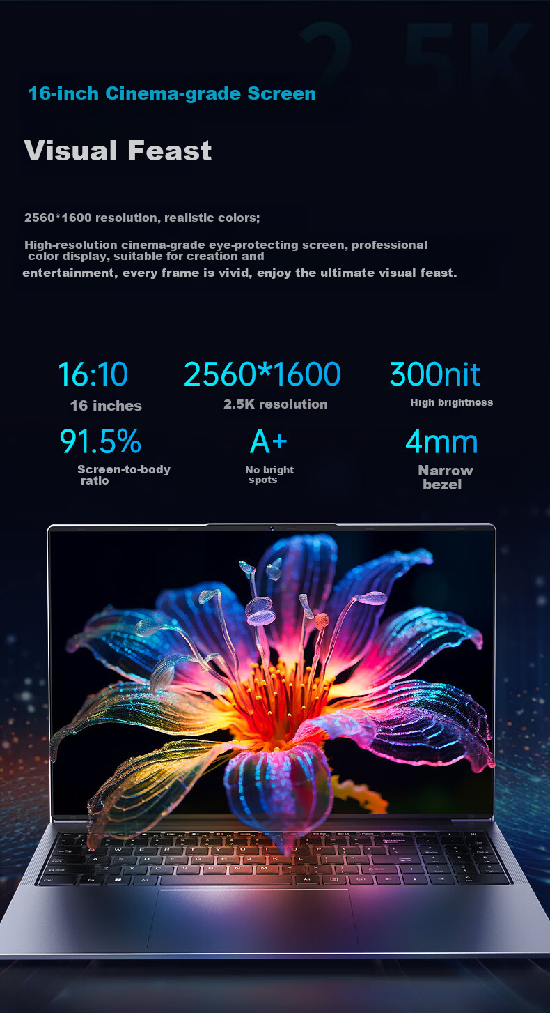 Ноутбук Dere Zhiqing Series Core Ultra7 155H, 16-дюймовый, 16 ГБ ОЗУ, 512 ГБ SSD, тонкий и легкий, для бизнеса и игр, Space Gray