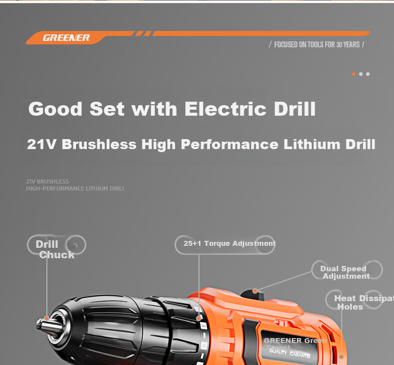 Аккумуляторная дрель GREENER Brushless Drill Multi-Function Tool Kit Repair Set, 21В, 120 предметов