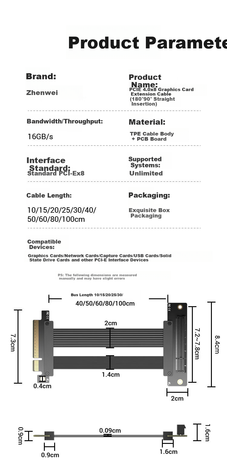 Кабель-удлинитель ZHENWEI PCIE 4.0 X8 для видеокарты, 60 см, 180 градусов