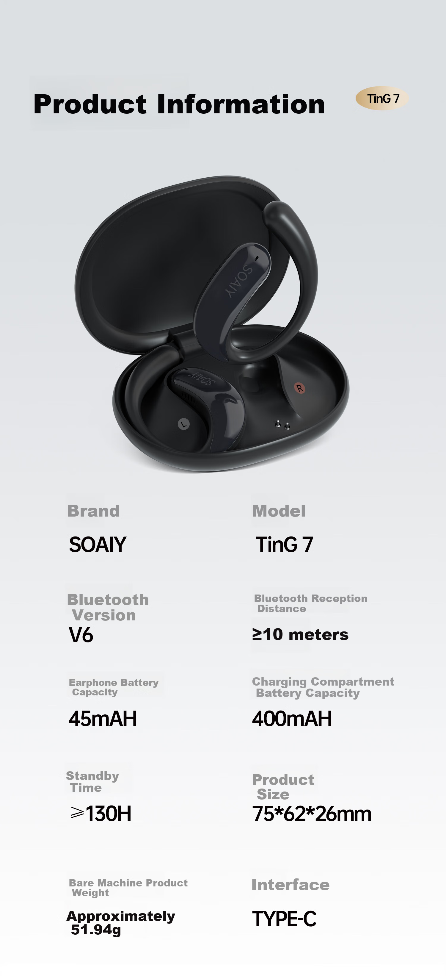 Беспроводные наушники Soaiy Ting 7 с открытым ухом, Bluetooth 6.0, True Wireless, шумоподавление, длительное время работы, черный