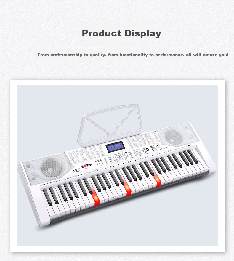 Meirkergr MK-2100 White Smart Version + Stand, 61-клавишная умная версия с подсветкой, многофункциональная электронная клавиатура, подключается к микрофону, наушникам, USB-накопителю, мобильному телефону, планшету с подставкой