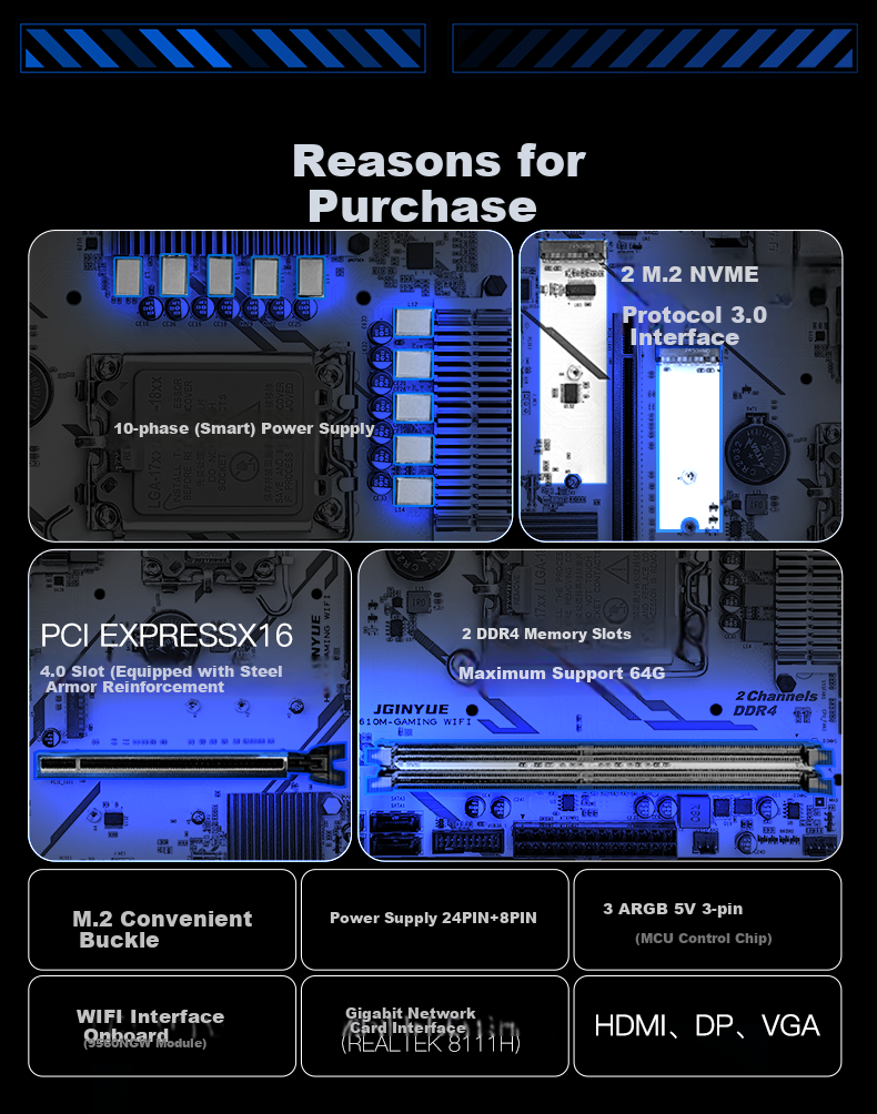 Материнская плата JGINYUE H610M GAMING WIFI, LGA1700, DDR4, M-ATX, с Wi-Fi