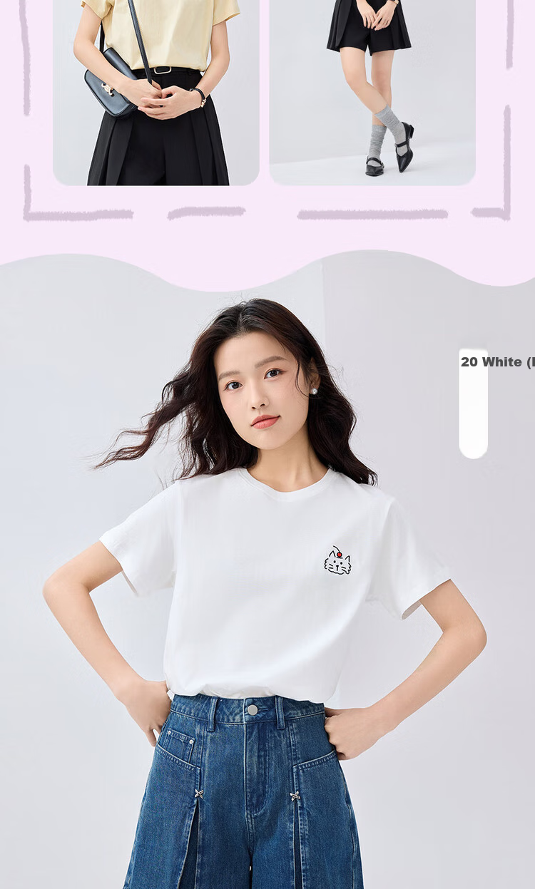 Женская футболка Giordano с коротким рукавом, летняя, 100% хлопок, с вышивкой милого животного, круглый вырез, модель 13325324