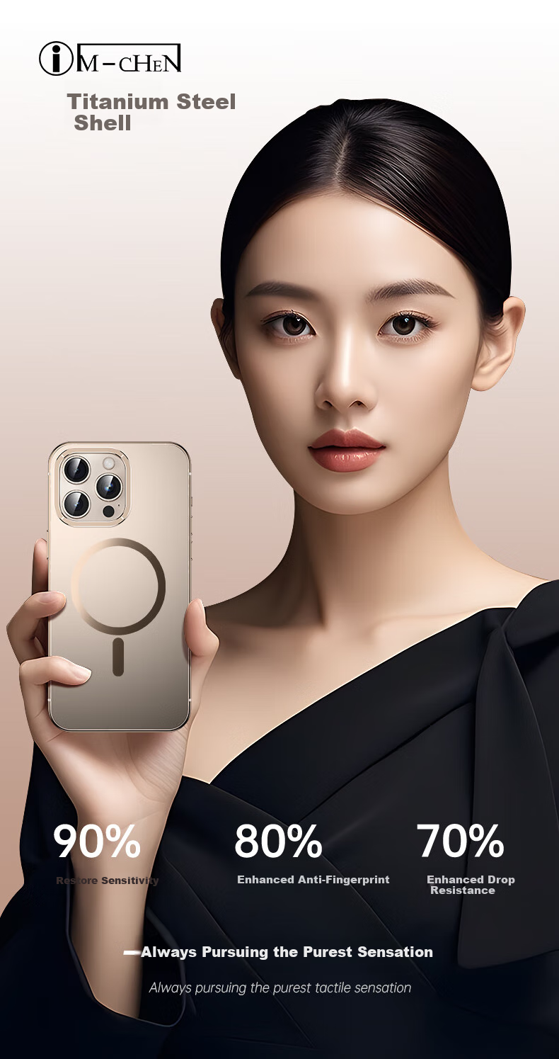 Чехол для iPhone 16 Pro Max IM-CHEN, противоударный, с магнитным кольцом и подставкой, ультратонкий, металлический, матовый, Титановый