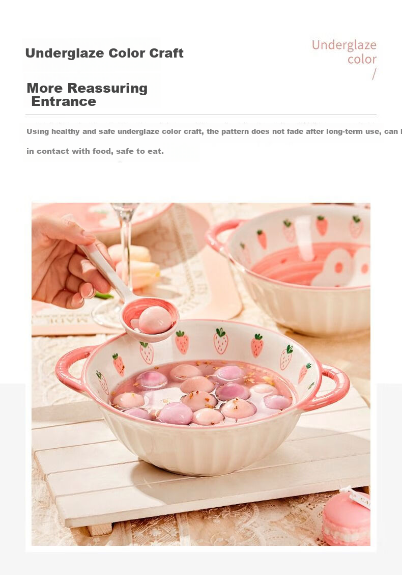 Керамическая суповая тарелка с двумя ручками и ложкой CERAMICS, мультяшная, для дома, для лапши, клубничный кролик, 9.5 дюйма