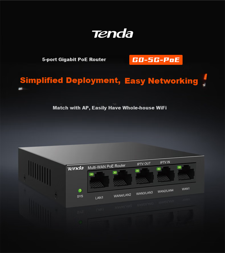 Маршрутизатор Tenda G0-5G, 5-портовый гигабитный PoE, управляемый, AC, 4WAN, 4 порта с поддержкой POE