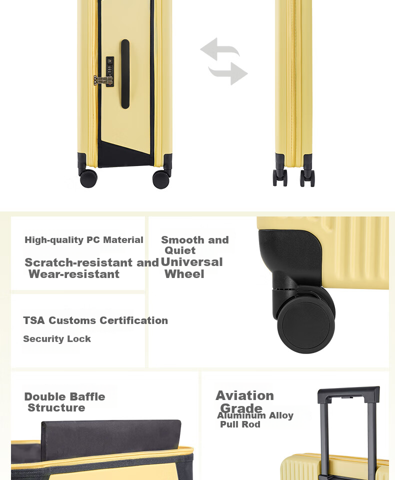Чемодан CONWOOD, Spinner Wheels Luggage, TSA Approved Trolley Case, Space-Saving PC243, Cheese Yellow, 26 Inches